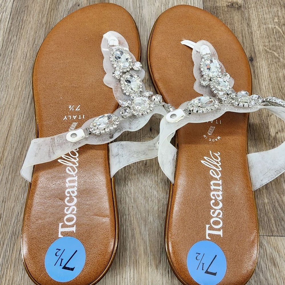 ToscanElla Italian Women's Size 7.5 Silver Rhinestone Slip On Thong Sandals